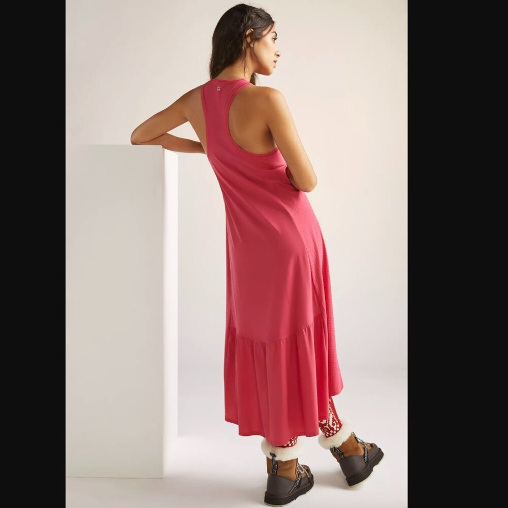 Sweaty Betty Explorer Ace midi dress racerback  pink knit stretch ruffle L